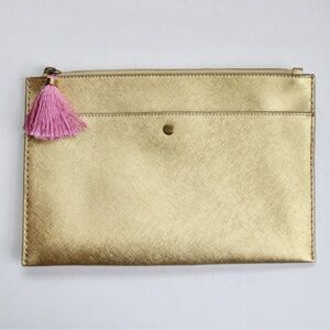 NEW J. Crew Gold Metallic Large Leather Pouch Clutch w/ Pink Tassel Zipper